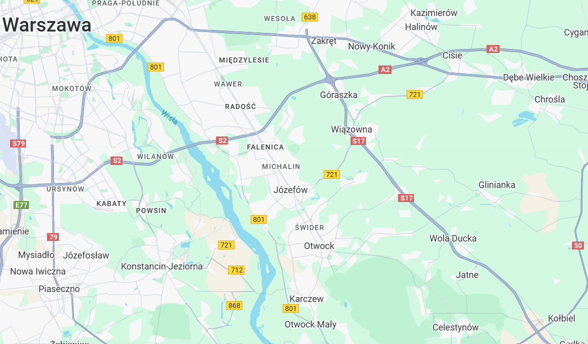 Mapa obszaru działania AMBIS-Projekt — powiat otwocki i Warszawa